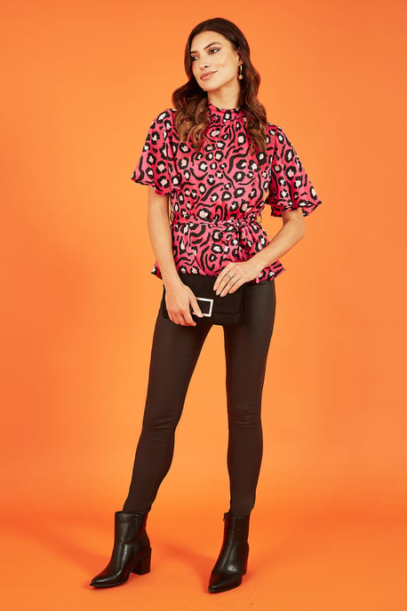 Pink Animal Print Belted High Neck Top