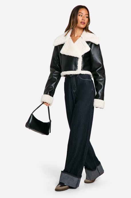 Tall Faux Fur Lined Cropped Leather Jacket - Image 3