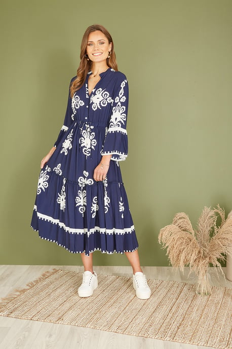 Navy Viscose Midi Dress With Long Sleeves