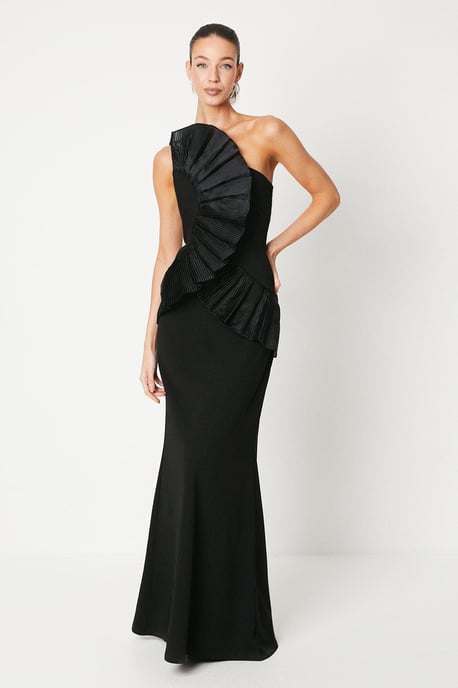 Pleated Front One Shoulder Gown