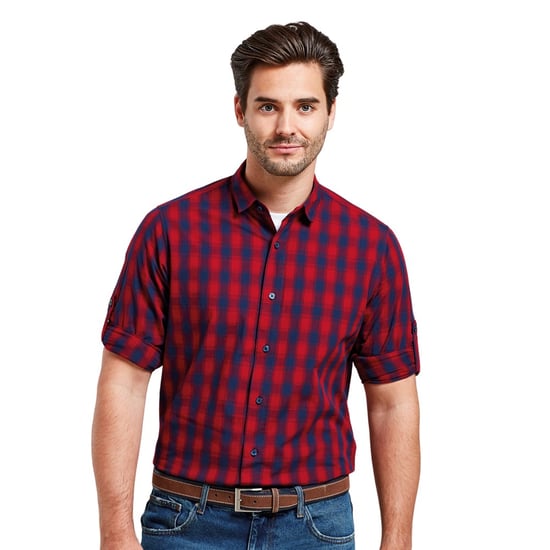 Premier Mens Mulligan Checked Cotton Long-Sleeved Shirt (Red/Navy) - Image 4