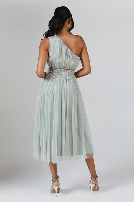 One Shoulder Pearl Embellished Mesh Bridesmaids Midi Dress - Image 3