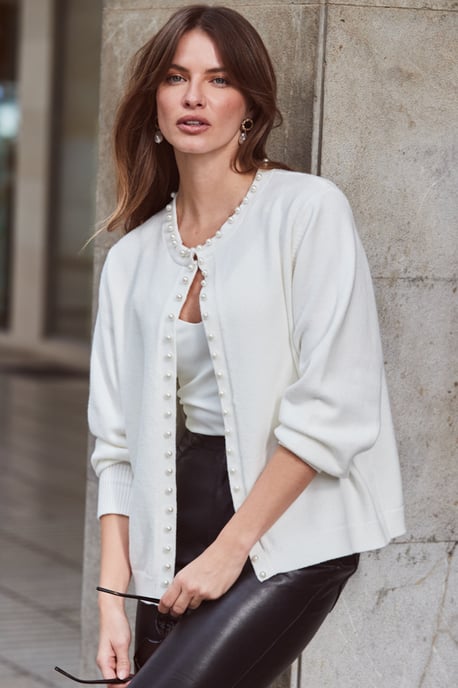 Ivory Pearl Embellished Trim Cardigan - Image 1