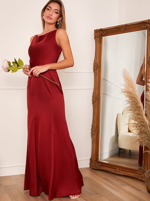 Cowl Neck Satin Slip Maxi Dress in Orange