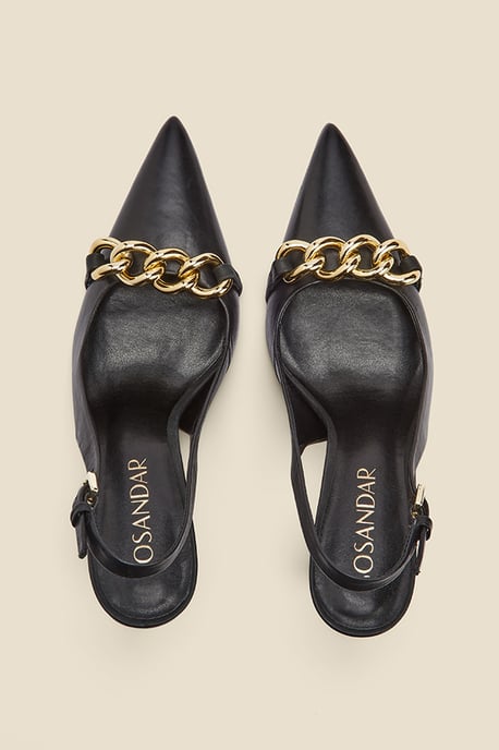 Ariana Black Leather Chain Detail Slingback Court Shoe