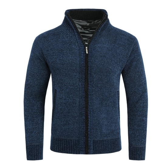 Men's Cardigan with Zip and Stand-Up Collar, Lined Chunky Knit Pullover Navy Blue - Image 1