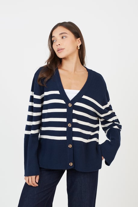Navy Button Through V-Neck Stripe Cardigan