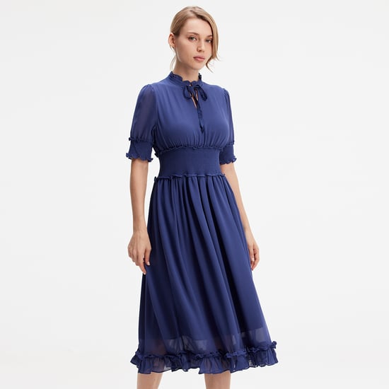 Chiffon dress with smocks and small ruffles - Image 1