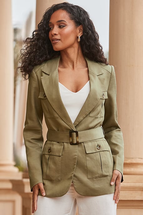 Khaki Green Linen Blend Belted Utility Blazer