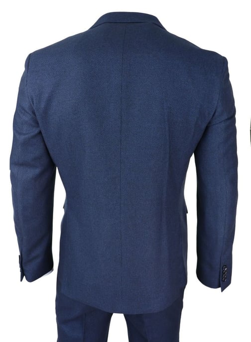 Traje clásico de tweed azul marino de tres piezas con diseño de ojo de pájaro para hombre - Image 3