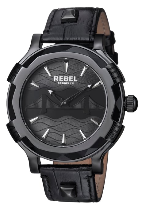 Reloj de cuero de dial negro Brooklyn Bridge para hombres Rebel - Image 1