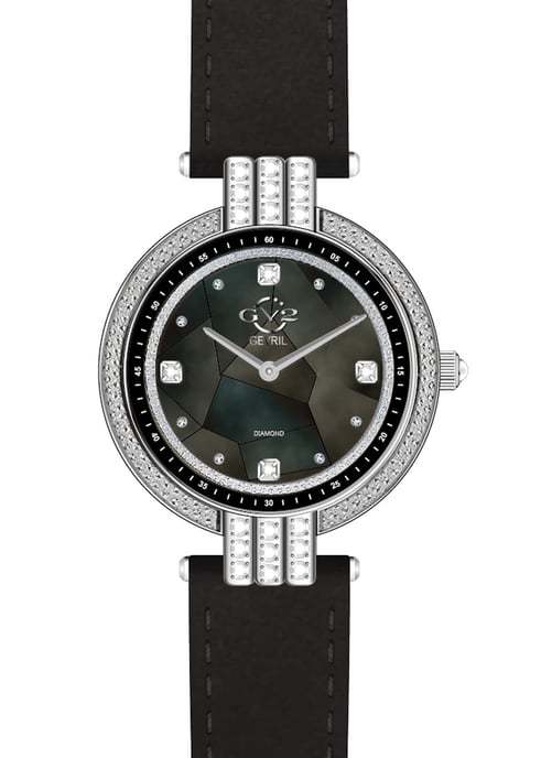 GV2 Matera Reloj de cuarzo suizo para mujer con esfera de nácar negro y pulsera de ante negro con diamantes - Image 1