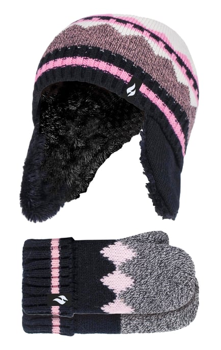 Heat Holders - Sombrero Trapper de Diseño Fairisle con Patrón Nórdico para Niñas con Pom Pom y Set de Guantes - Negro - Image 1