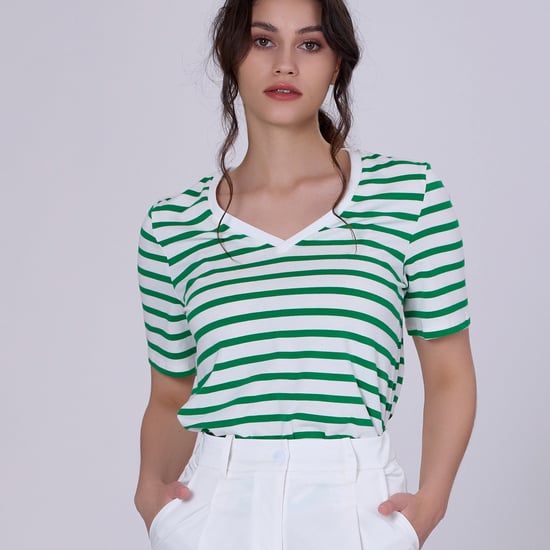 V neck stripes cotton T-shirt - Image 4