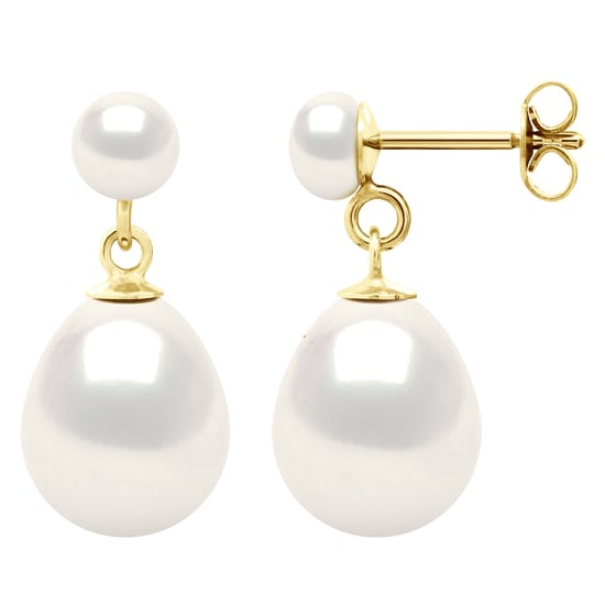 Double Earrings Yellow Gold - Real Cultured Freshwater Pearls Button 5-6 mm + Pear 10-11 mm - Image 1