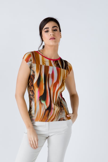 Print Cap Sleeve Top with Trim Detail