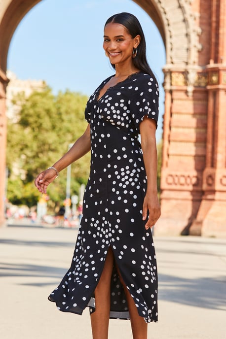 Black & White Spot Print Lace Trim Midi Dress