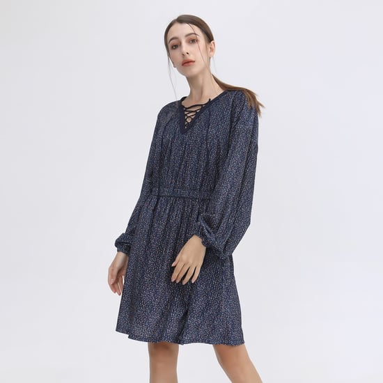Tunic dress in velvet with lacing at the neckline and prints Liberty - Image 1