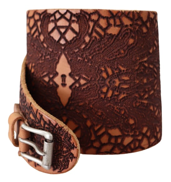 Scervino Street Women's Brown Wide Leather Embroidered Design Logo Belt