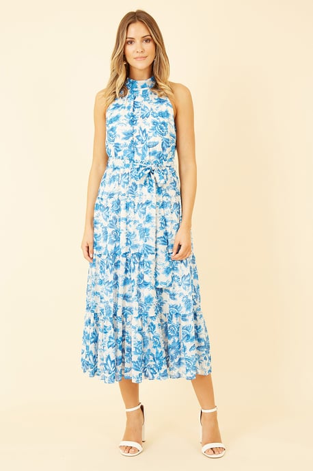 Blue Leaf Print Halter Neck Midi Dress