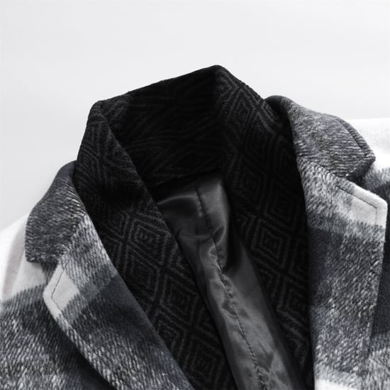 Men's Long Slim Fit Checked Winter Thick Coat with Shawl Collar White - Image 3
