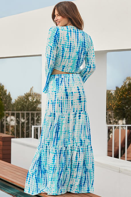 Blue & White Tie Dye Print Maxi Ruffle Hem Skirt