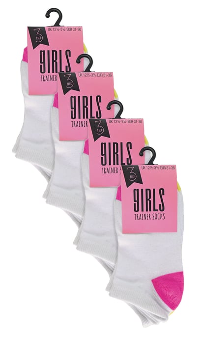 12 Pair Multipack Girls Low Cut Trainer Socks in White | Kids No Show Athletic Running Socks with Contrast Heel & Toe - White - Image 2