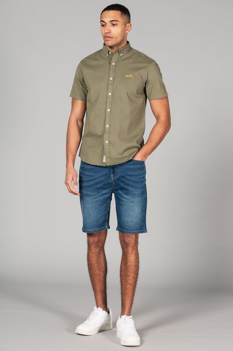 Olive Cotton Short Sleeved Button-Up Oxford Shirt