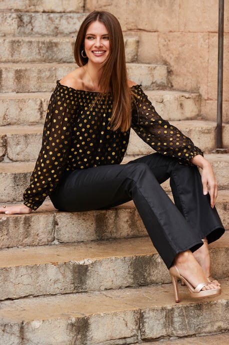Black & Gold Metallic Spot Bardot Top
