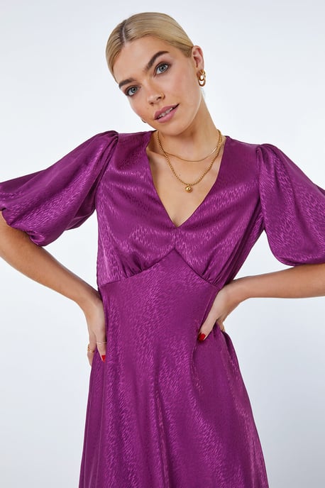 Puff Sleeve Satin Midi Dress