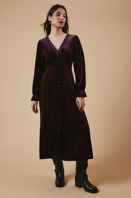 Velvet Lace Trim Button Through Midi Dress