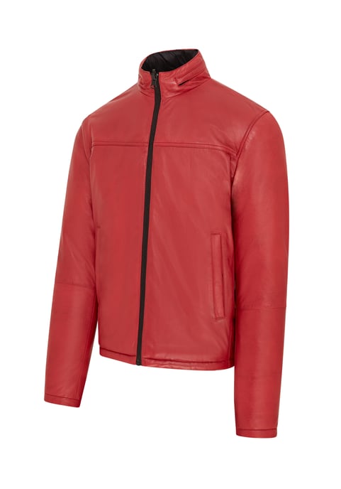 Mens Red Reversible Bomber Leather Jacket - Raufoss