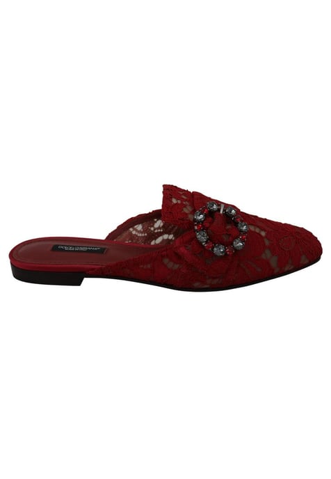 Dolce & Gabbana Women's Red Lace Crystal Slide On Flats Shoes