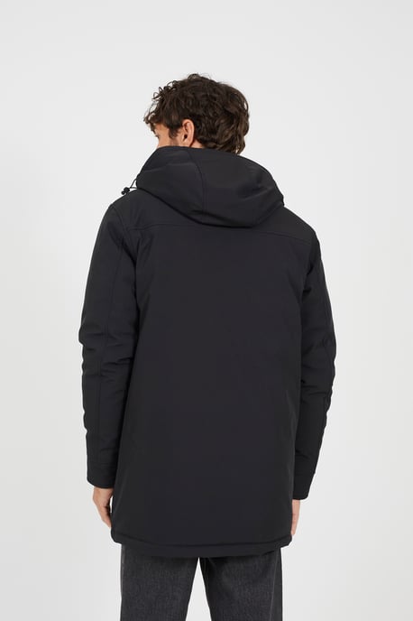 Black Quilted Soft Shell Hooded Parka Jacket