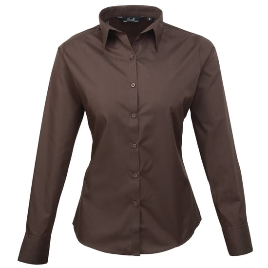 Premier Womens/Ladies Poplin Long Sleeve Blouse / Plain Work Shirt (Brown) - Image 1
