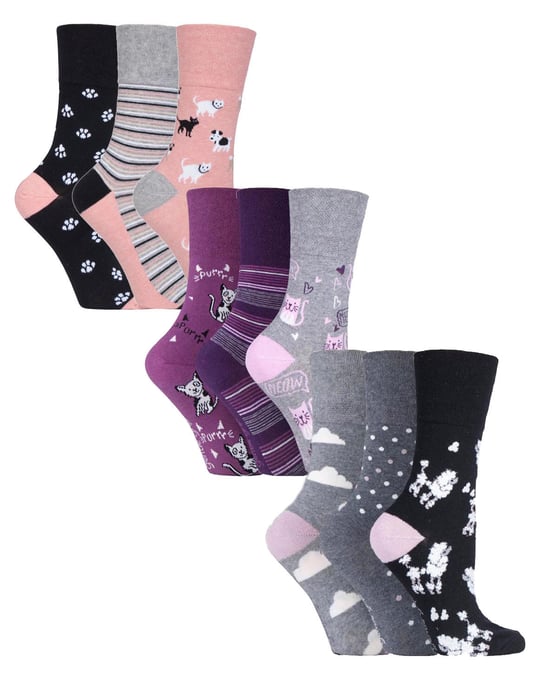 Paquete múltiple de 9 pares de calcetines no elásticos de algodón para mujer - Cats & Dogs - Image 1