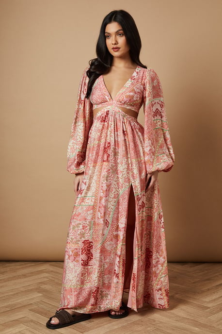 Printed Long Sleeve Cut Out Side Detail Maxi Dress