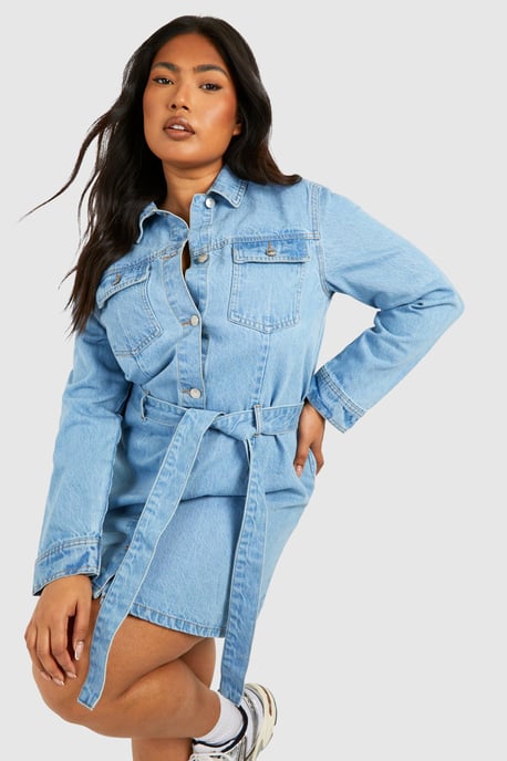 Plus Denim Tie Belt Shift Dress - Image 1