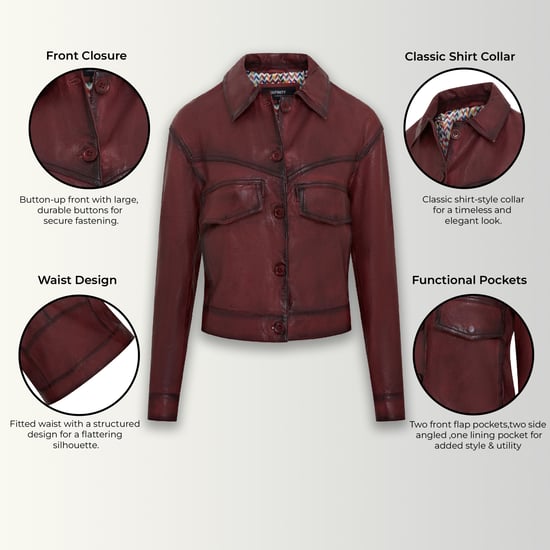 Womens Red Retro Biker Leather Jacket - Kopervik