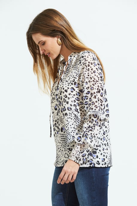 Cream Abstract Animal Print Ruffle Sleeve Top