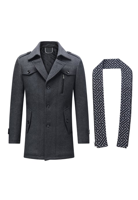 Men's Winter Thickened Solid Color Lapel Casual Wool Coat with Striped Collar Grey