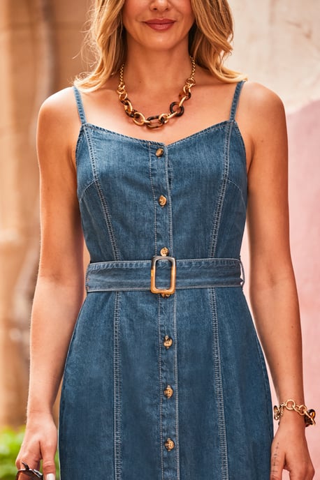 Dark Indigo Button Front Buckle Detail Denim Midi Dress