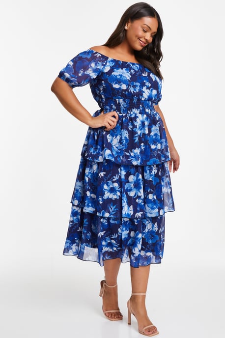 Curve Navy Chiffon Floral Bardot Midi Dress