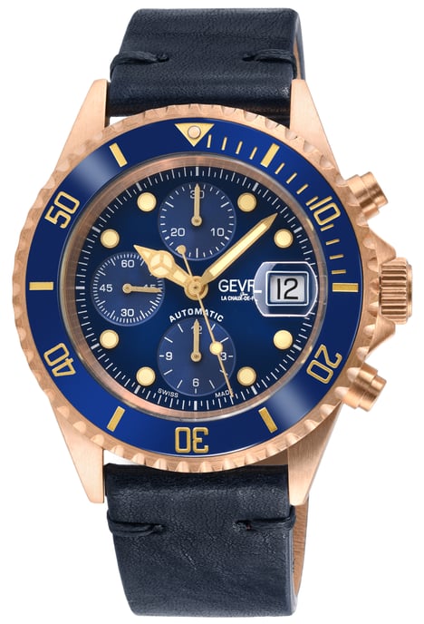 Gevril Mens Wall Street Swiss Automatic ETA 7750 Ceramic Bezel, Genuine Handmade Italian Leather Watch