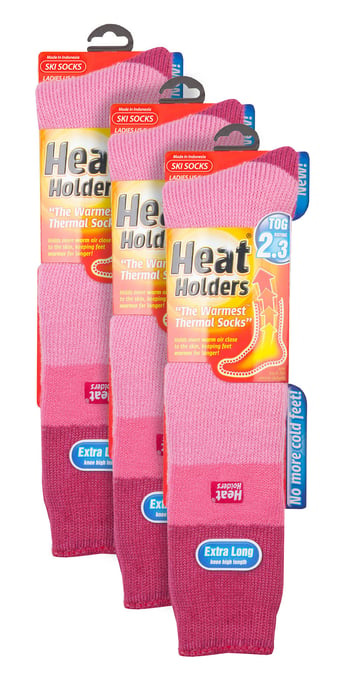 Heat Holders - 3 Pack Ladies Thermal Knee High Ski Socks | WoMens Thick Winter 2.3 TOG Long Skiing Socks - Rosa Claro / Frambuesa - Image 2