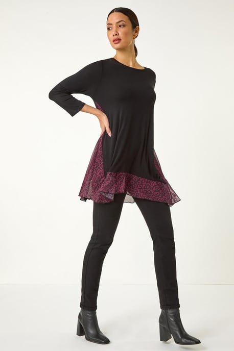 Animal Print Contrast Mesh Hem Stretch Top