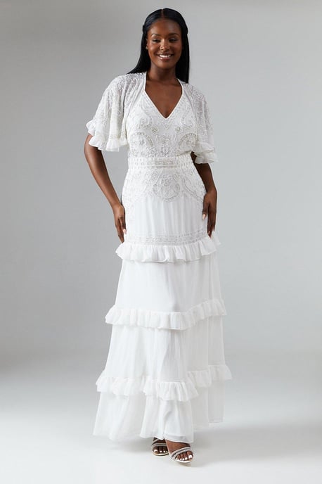 Cape Sleeve Tiered Embellished Wedding Dress - Image 1