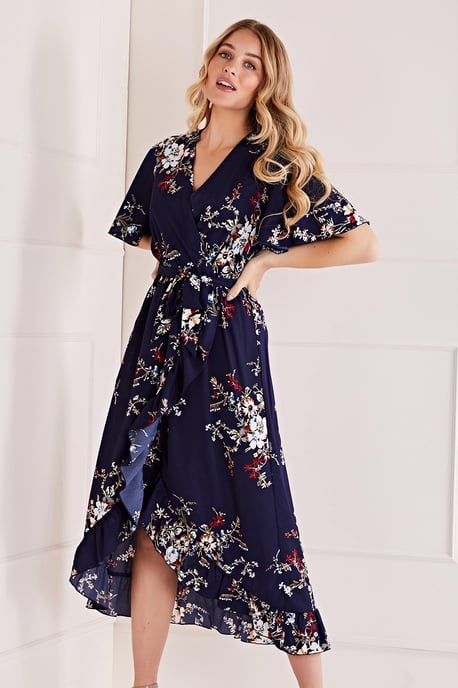 Mela Navy Floral Dipped Hem Maxi Dress