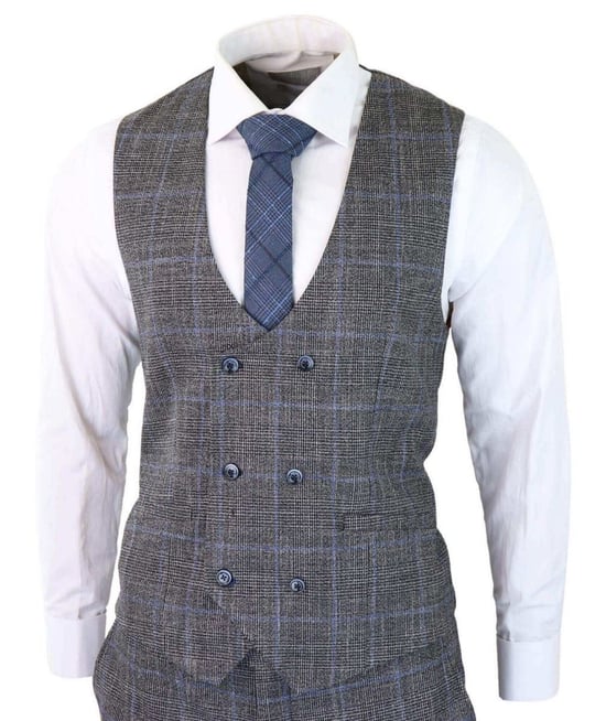 Traje clásico vintage de tweed de 3 piezas para hombre, de cuadros grises y azules - Image 4