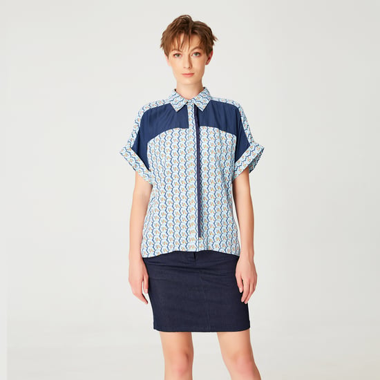 Color block short sleeves shirt with geometric print